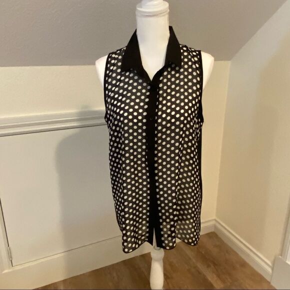 Double Zero Sheer Blouse Sleeveless Button Front Black White Polka Dot Size L - Picture 5 of 11